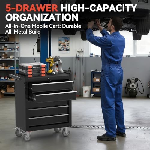 5-drawer rolling tool chest with wheels, metal tool shown in use