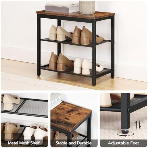 hoobro shoe bench, 3-tier shoe rack,industrial shoe organizer showing dimensions