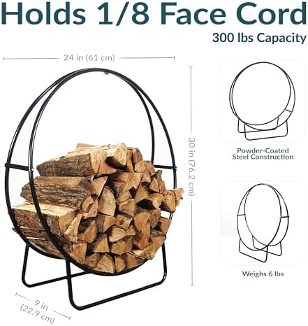 sunnydaze outdoor firewood rack, heavy-duty steel, 24” diameter shown in use