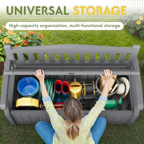 greesum 80 gallon storage bench outdoor deck box showing dimensions