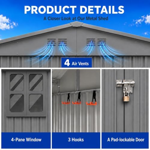 10x12 ft outdoor storage shed, large metal garden on a desk or shelf