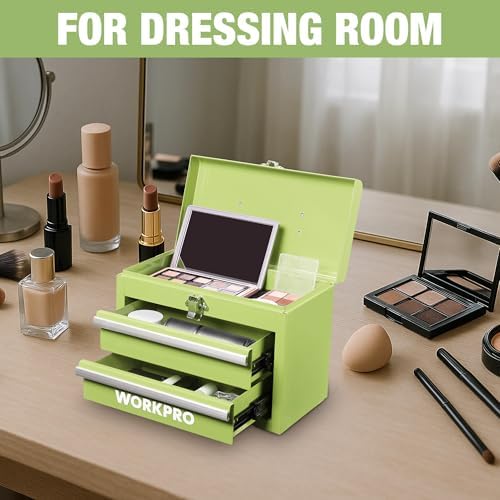 workpro portable mini metal tool box with 2 on a desk or shelf