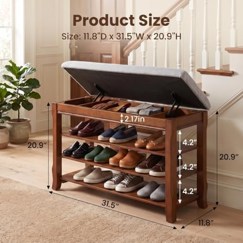 solid wood shoe rack bench with storage, flip-top shown in use