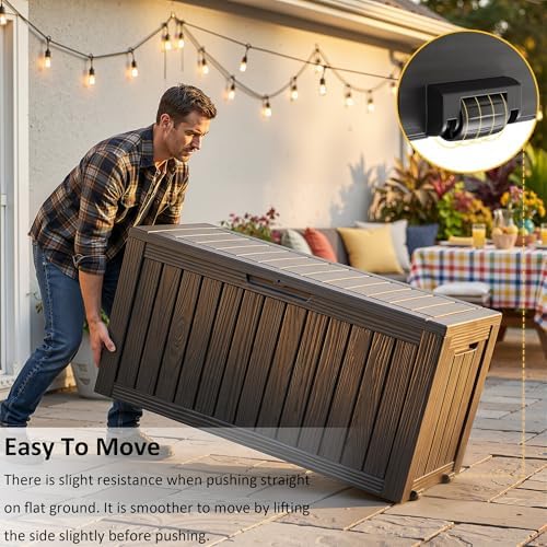 rojik deck box storage bench with wheels outdoor, close-up detail