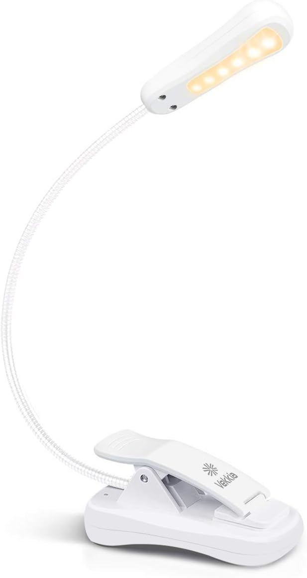 Vekkia 3000K Warm LED Rechargeable Book Light(Elegant White) | Easy for Eyes/Clip on Reading Lights for Books in Bed, Car & Travel, Lightweight Slim 2.1 oz/Great for Readers