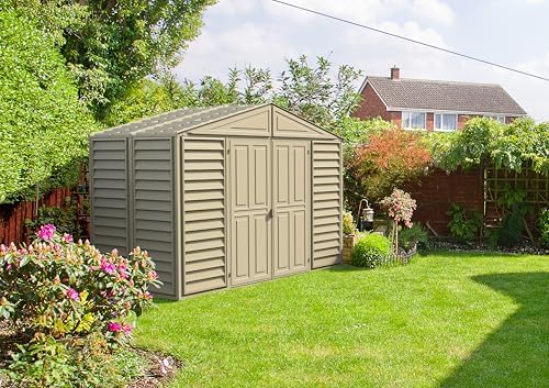 duramax 00283 woodbridge storage shed, off white shown in use