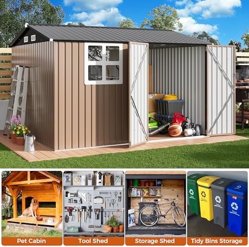 ironck 10x8.2ft outdoor storage shed with clear window, front angle view