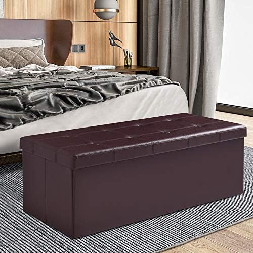 43" folding storage ottoman bench, faux leather storage, front angle view