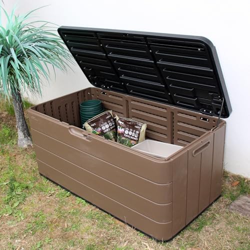 mrosaa resin deck storage box, 85 gallon outdoor on a desk or shelf