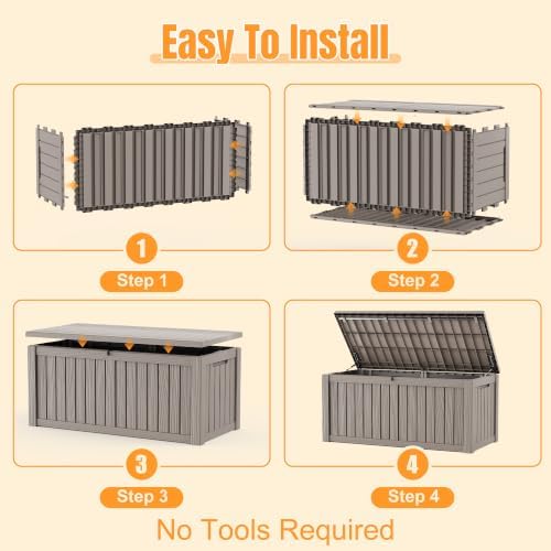 outdoor storage box, 240 gal waterproof resin deck on a desk or shelf