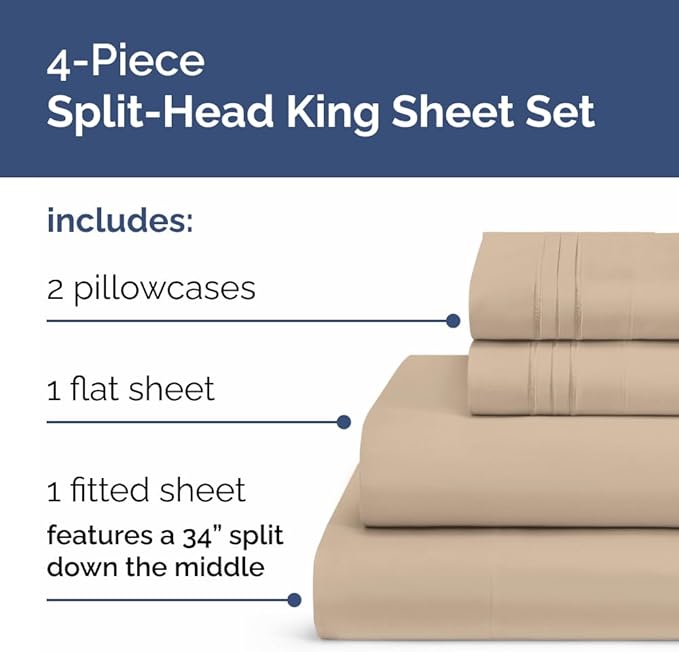 Split Head King Sheet Set – 4 Piece Flex Split Top King Sheets - Image 2