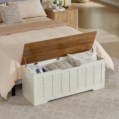 vankiley 47.2" storage chest extra large, storage bench.(white+brown) showing dimensions