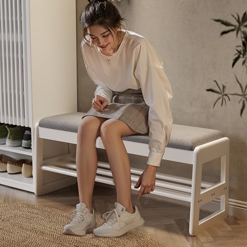aqimuele shoe bench with storage, wooden 2 tiers shown in use