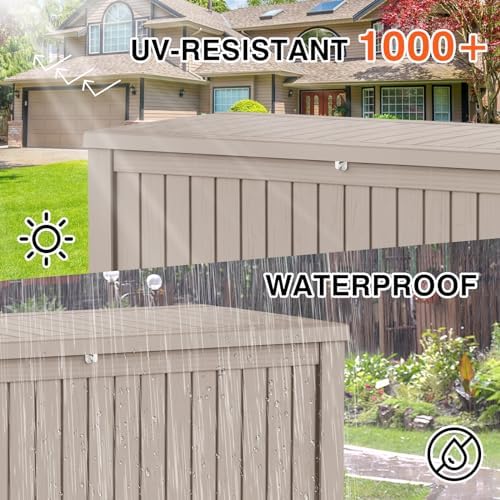 outdoor storage box waterproof, 180 gallon lockable resin shown in use