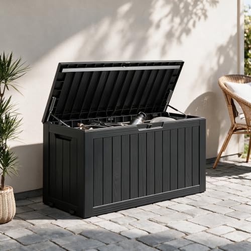 92 gal deck box,waterproof resin outdoor storage gas shown in use