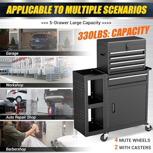5 drawer rolling tool chest with wheels, 3-in-1, front angle view