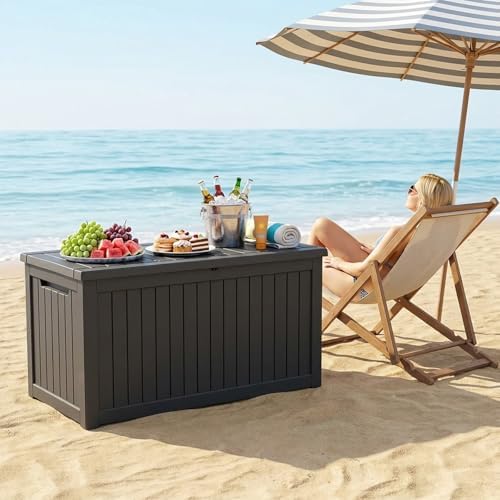 269 gallon large outdoor storage box, waterproof deck showing dimensions