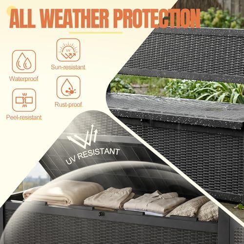 storage bench outdoor deck box, 140 gallon lockable shown in use