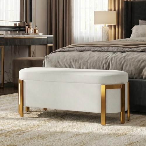hyfirm 48" white chenille storage bench with gold, close-up detail