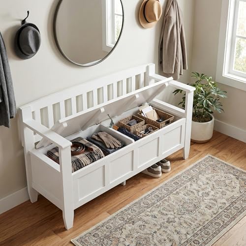 simplihome brooklyn 48" solid wood storage bench in, side view