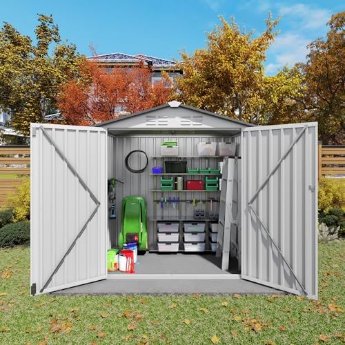6x3.5 ft outdoor storage shed, small metal garden, close-up detail