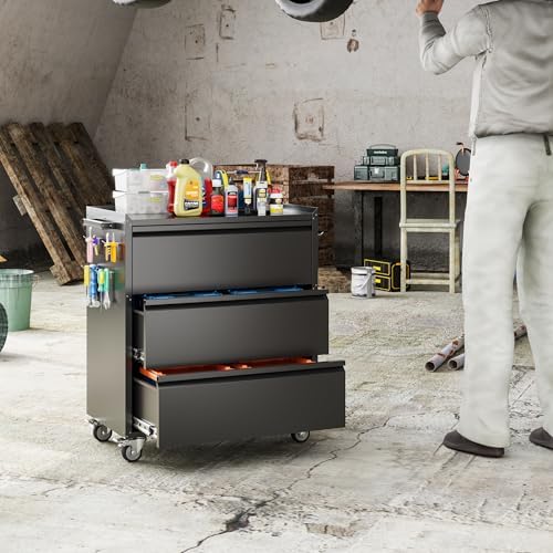 35.5" rolling tool cabinet with 3 drawers and on a desk or shelf