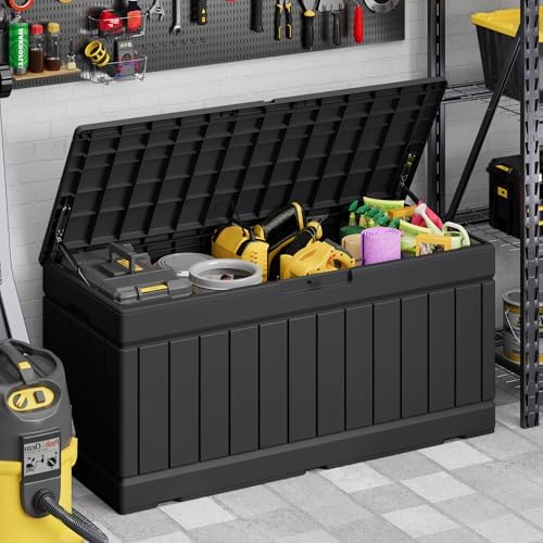 devoko 78 gallon deck box, waterproof resin outdoor, front angle view