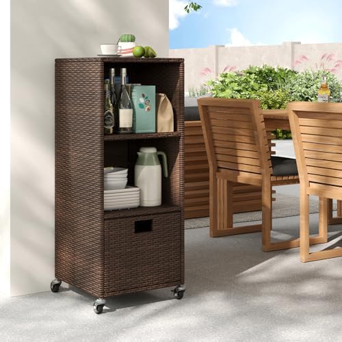 tangkula rattan outdoor storage cabinet with 4 wheels showing dimensions