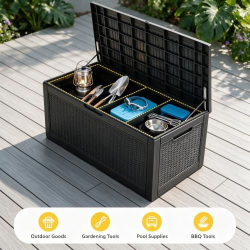 130 gallon deck box,lockable outdoor storage box gas on a desk or shelf