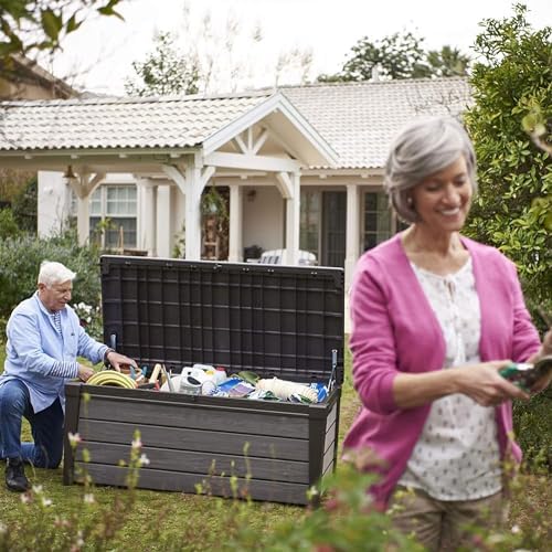 keter brushwood outdoor storage deck box,120 gallon, brown showing dimensions