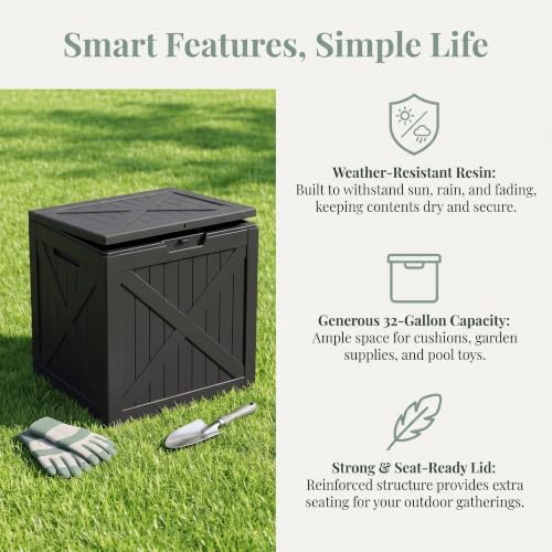 32 gallon waterproof resin storage deck box, black, package contents