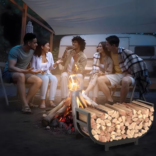 34-inch firewood rack outdoor indoor with log carrier, front angle view