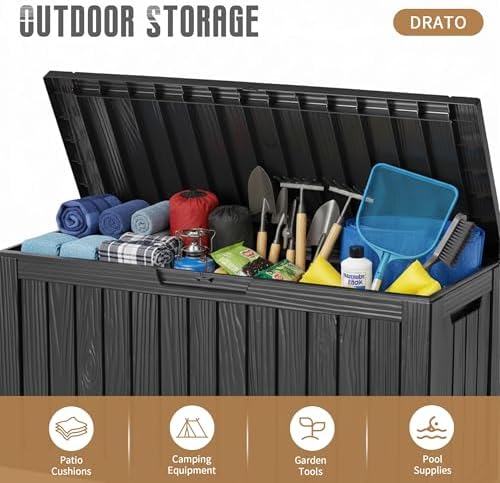 drato 135 gallon deck boxes outdoor waterproof storage on a desk or shelf