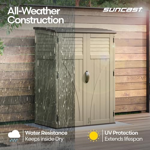 suncast outdoor storage shed, water resistant resin vertical showing dimensions