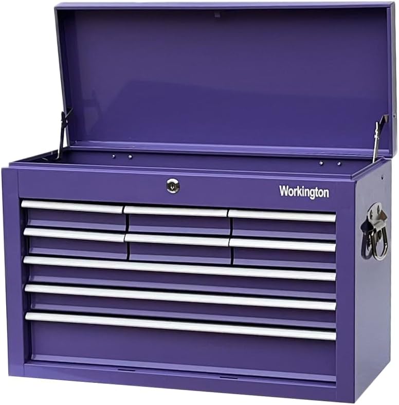 workington portable metal tool chest with 9 drawers shown in use
