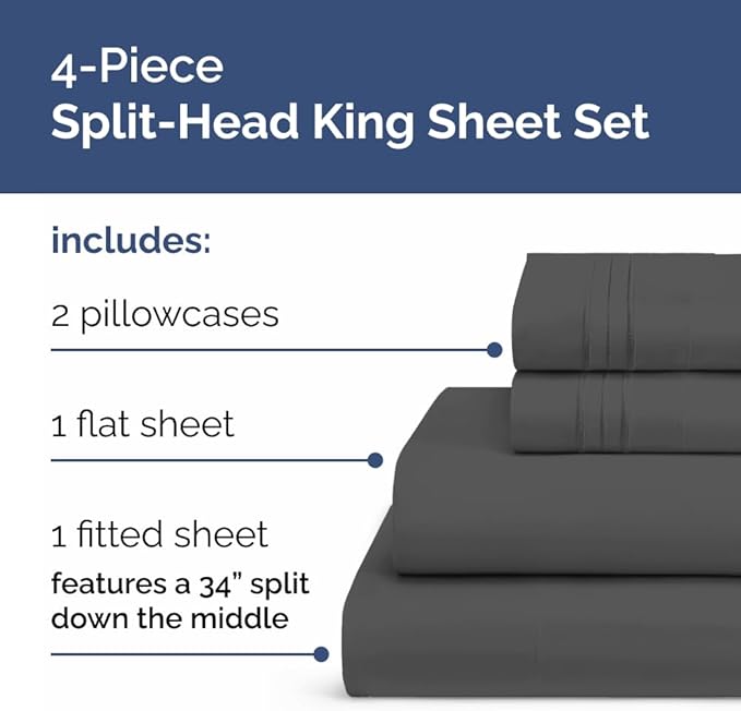 Split Head King Sheet Set – 4 Piece Flex Split Top King Sheets - Image 2
