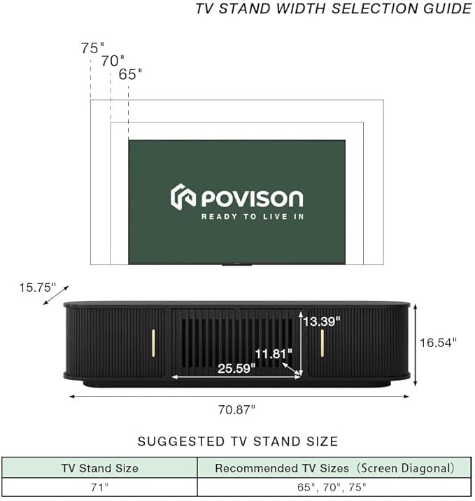 POVISON Fully-Assembled Mid-Century Modern Tambour Door TV Stand, Wood TV - Image 3
