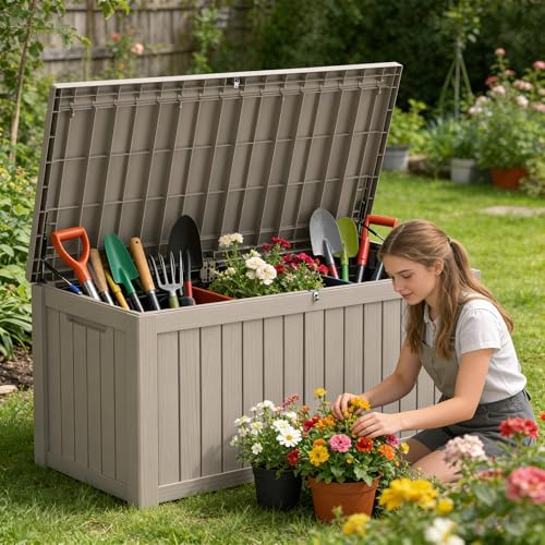 150 gallon outdoor storage box resin deck box on a desk or shelf