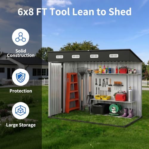 6x8 ft outdoor storage shed, metal garden shed, side view