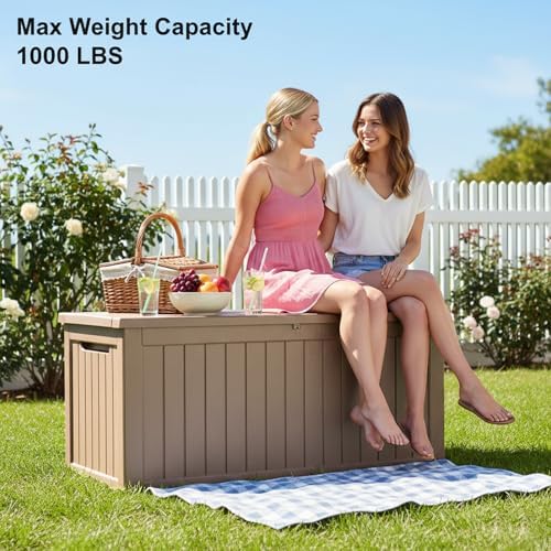 makino 275 gallon resin outdoor storage box, waterproof showing dimensions