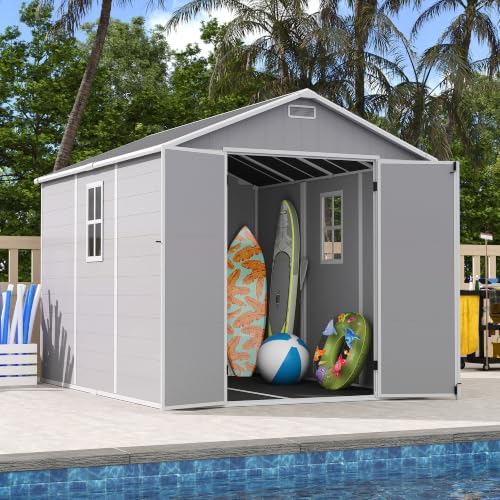 udpatio storage shed 8 x 10 ft, resin on a desk or shelf
