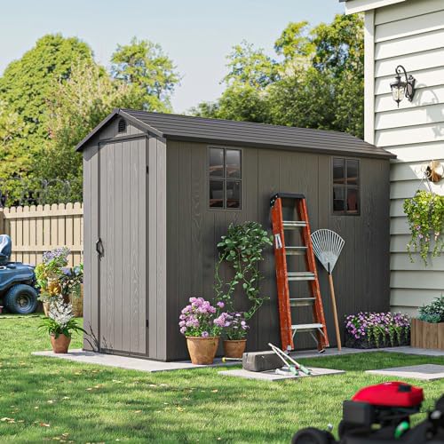 patiowell 4x8 ft plastic outdoor storage shed with showing dimensions