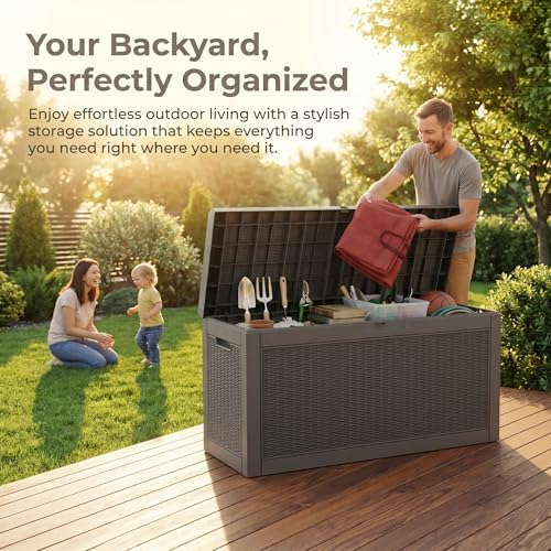 60 gallon deck box, waterproof resin outdoor storage, side view