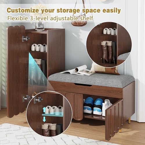 3more l-shaped entryway shoe bench with cushioned seat showing dimensions