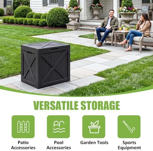 rojik 56 gal waterproof deck box, compact outdoor shown in use