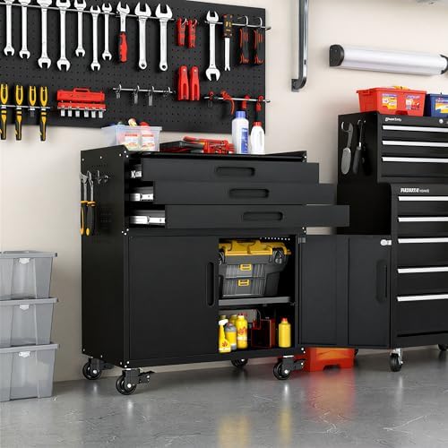 garage storage cabinet, metal rolling tool cabinet with, side view