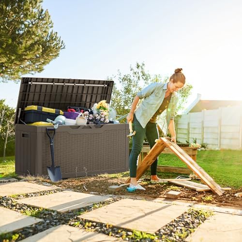 greesum 100 gallon resin deck box large outdoor, close-up detail