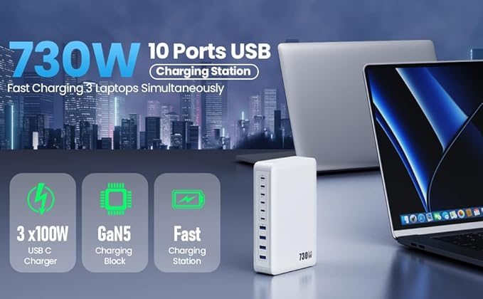 730W USB C Charger Block, 10-Ports GaN V Fast Charging Station Hub, QC4.0+Three - Image 9