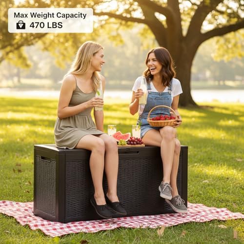 102 gallon resin outdoor storage box, waterproof deck on a desk or shelf