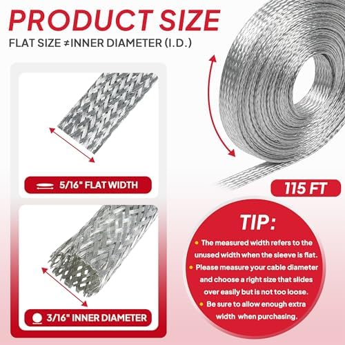 Tinned Copper Braid Wire Shielding Ground Strap Metal Cable Sleeve Expandable Flexible Flat Mesh (5/16 in Wide(0.20 in Dia)-115ft)